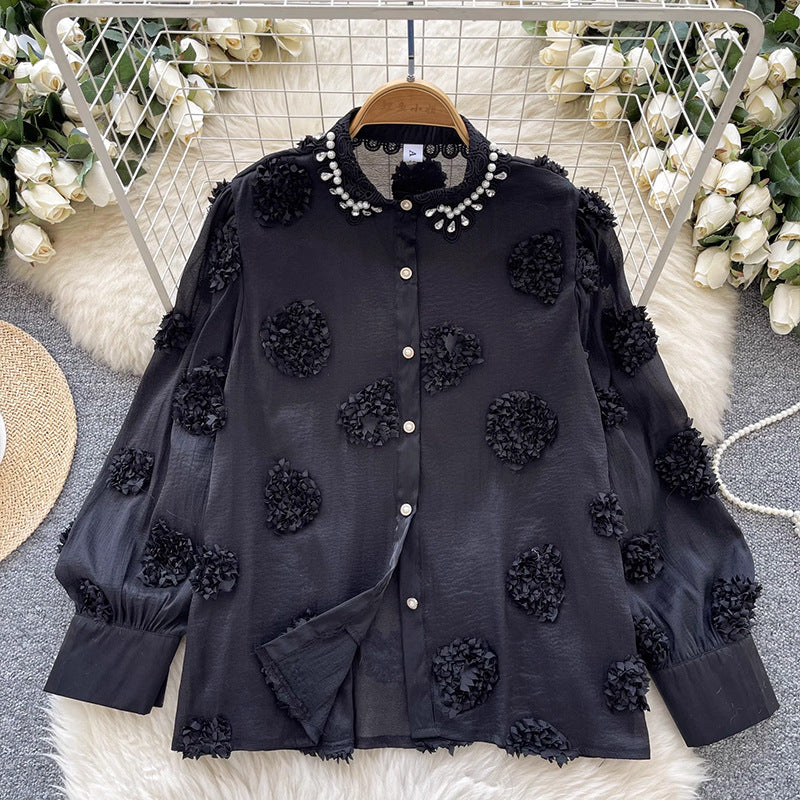 Beaded 3D Floral Mesh Shirt