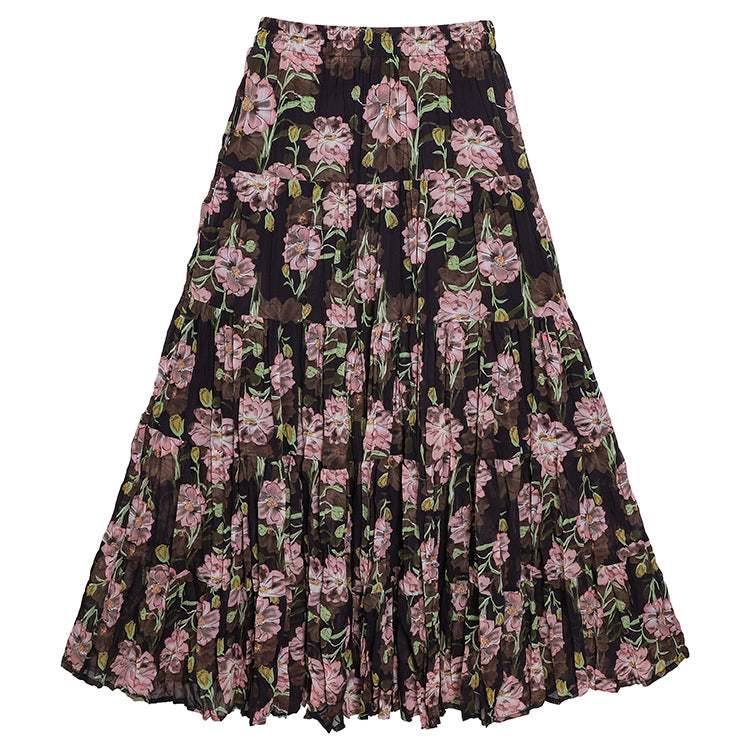 Yuan Su's new summer Wizard of Oz floral pleated skirt, high waist versatile and thin wrinkled A-shaped big swing skirt-Large Pink Flower - Black-one size fits all-Free Shipping Leatheretro