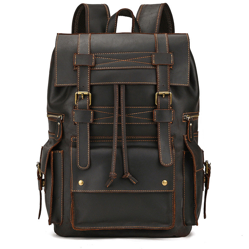 Retro Crazy Horse Leather Backpack – Large Capacity 16-Inch Cowhide Laptop & Travel Bag with Multi-Flap Pockets