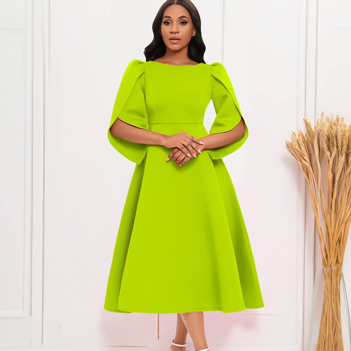 Autumn Fashion Elegant Round Neck Bell Sleeve Evening Party Dress