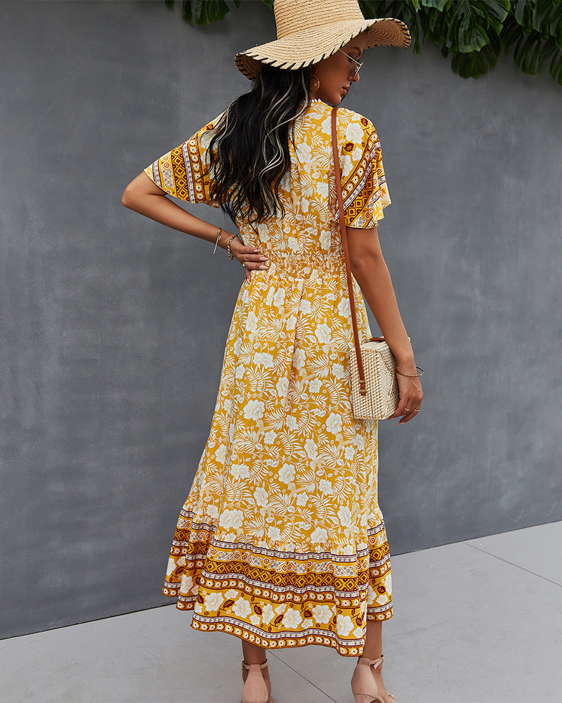 Nadine Floral Smocked Maxi Dress - Mustard