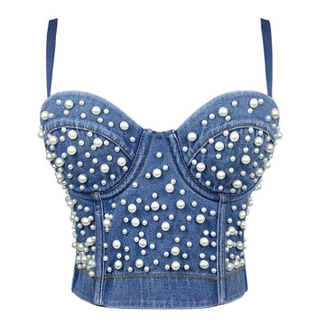 Sexy Women's Denim Bustier Top – Pearl Embellished Strappy Cropped Corset Vest
