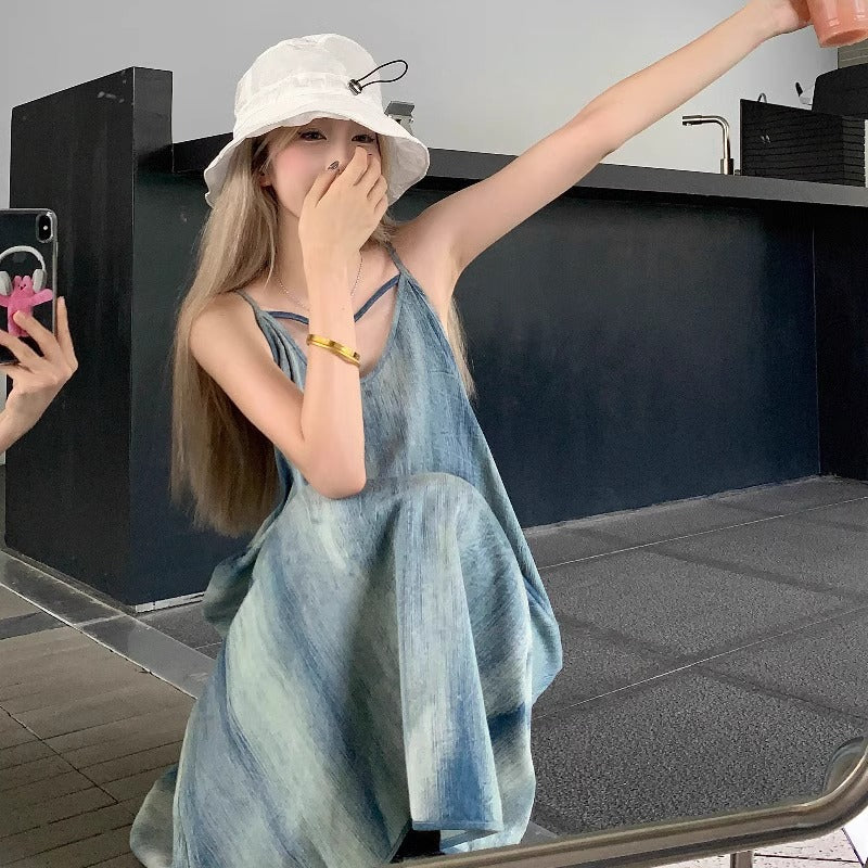 Retro Tie-Dye Strap Dress – Summer Loose Boho Beach Maxi Dress for Vacation