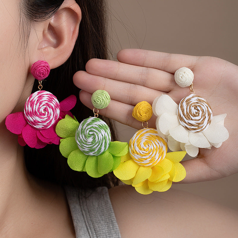 Beach Boho Raffia Flower Hook Earrings