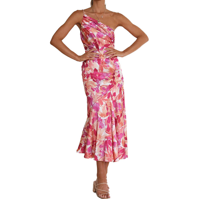 Sexy One Shoulder Pink Flowers Long Dresses