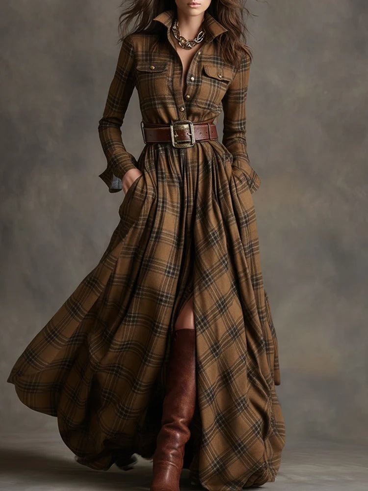 Plus Size French Vintage Plaid Slimming Irregular Hem Dress