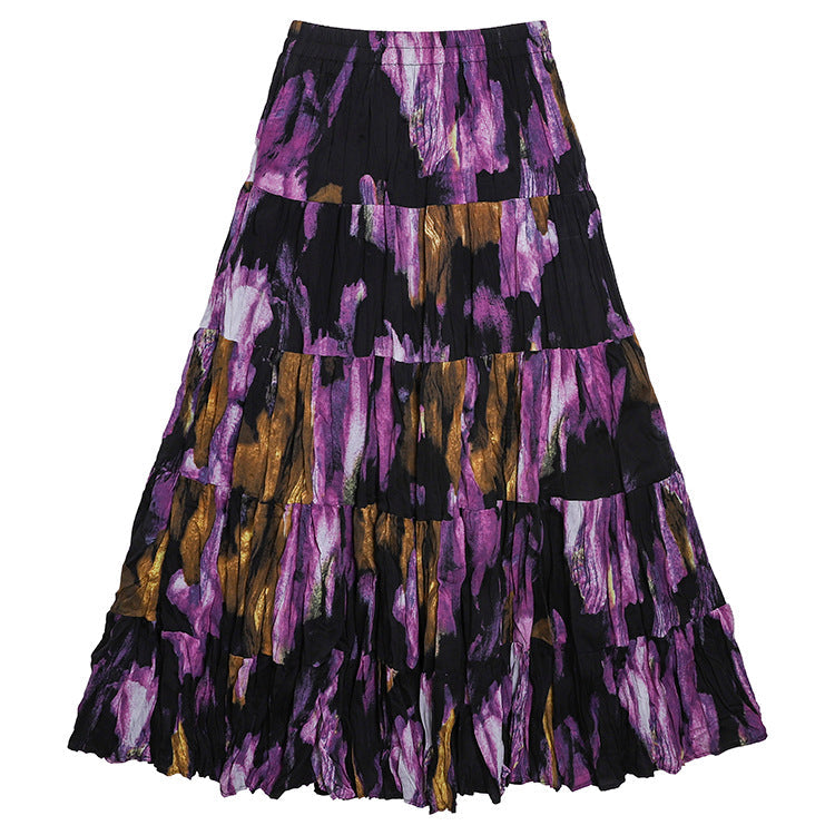 Yuan Su's new summer Wizard of Oz floral pleated skirt, high waist versatile and thin wrinkled A-shaped big swing skirt-Smudge - Purple-one size fits all-Free Shipping Leatheretro