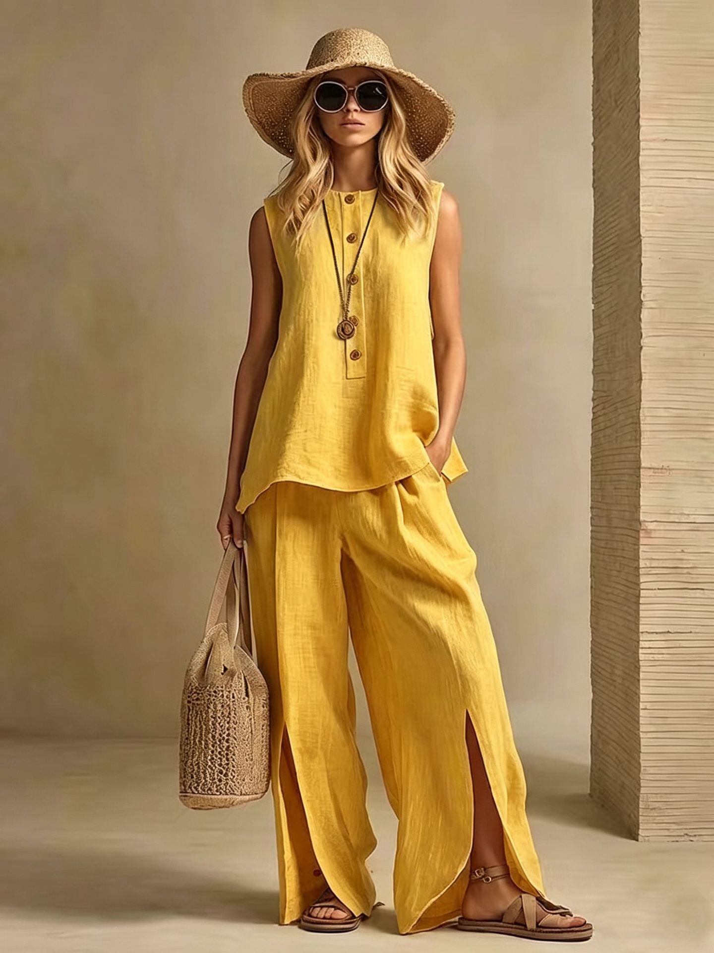 Women's Cotton Linen Sleeveless Two-Piece Set