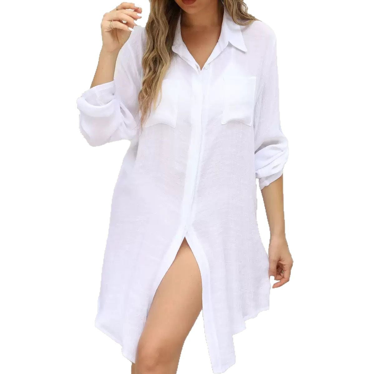 Wrinkle-Resistant Fabric Two Hidden Button Pockets Beach Cover-Up Shirt