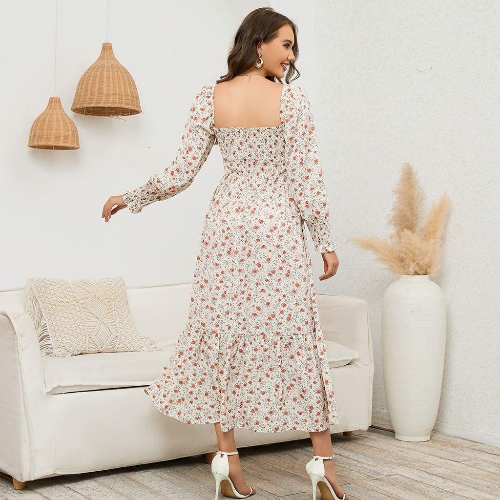 Women's Floral Print Square Neck Chiffon Dress