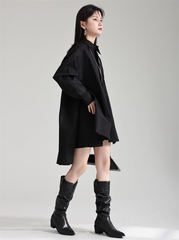 Oversized Asymmetrical Shirt – Trendy Longline Loose Fit Casual Blouse-Apricot-One Size-Free Shipping Leatheretro