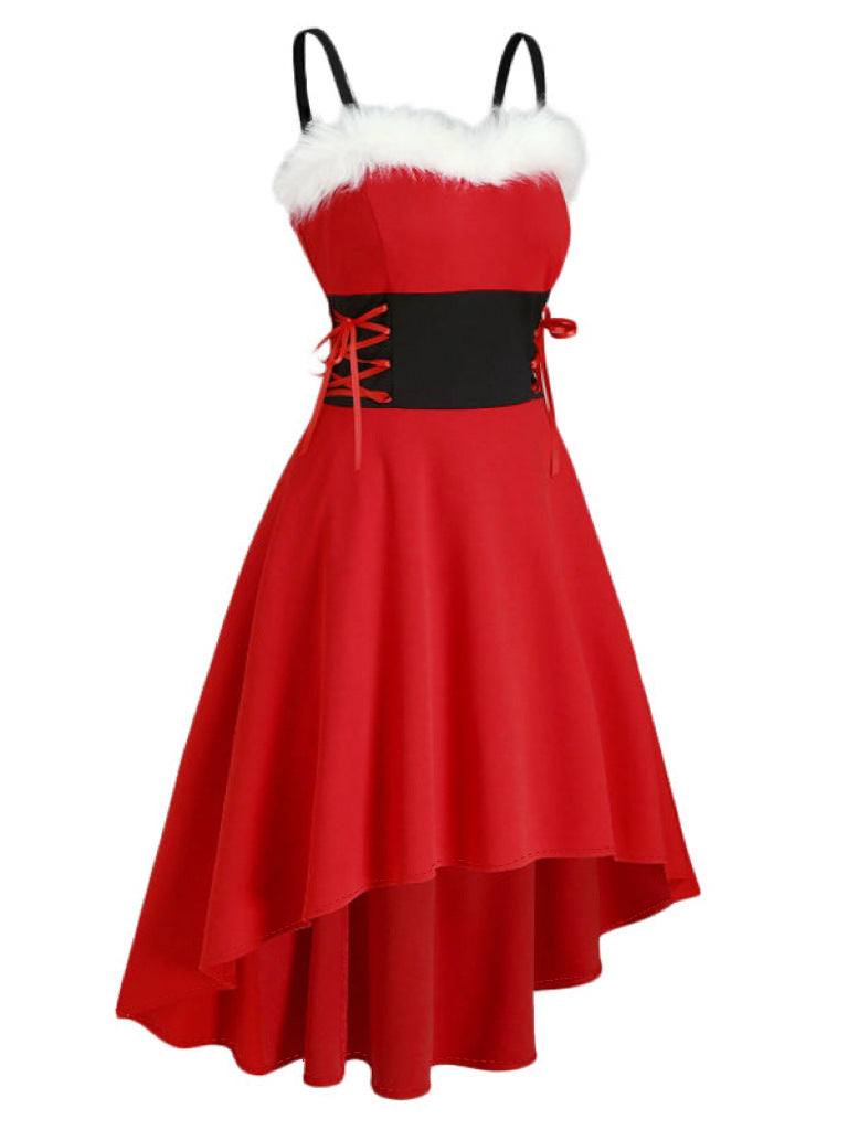 Christmas Party Bunny Outfit - Faux Fur Trim Off-Shoulder Bow Dress