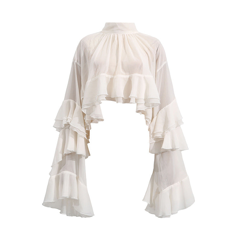 Women's Elegant Mesh Ruffle Long Sleeve Blouse