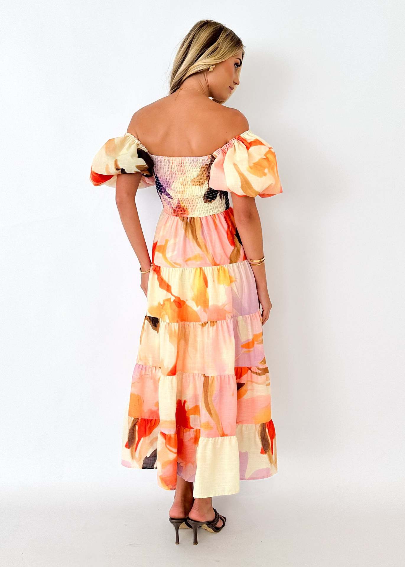 Spring Summer Off-Shoulder Floral Print Puff Sleeve Dress