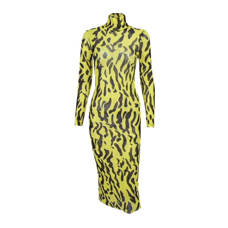 Sexy High Neck Yellow Leopard Long Sleeves Women Dresses-Dresses-Free Shipping at meselling99