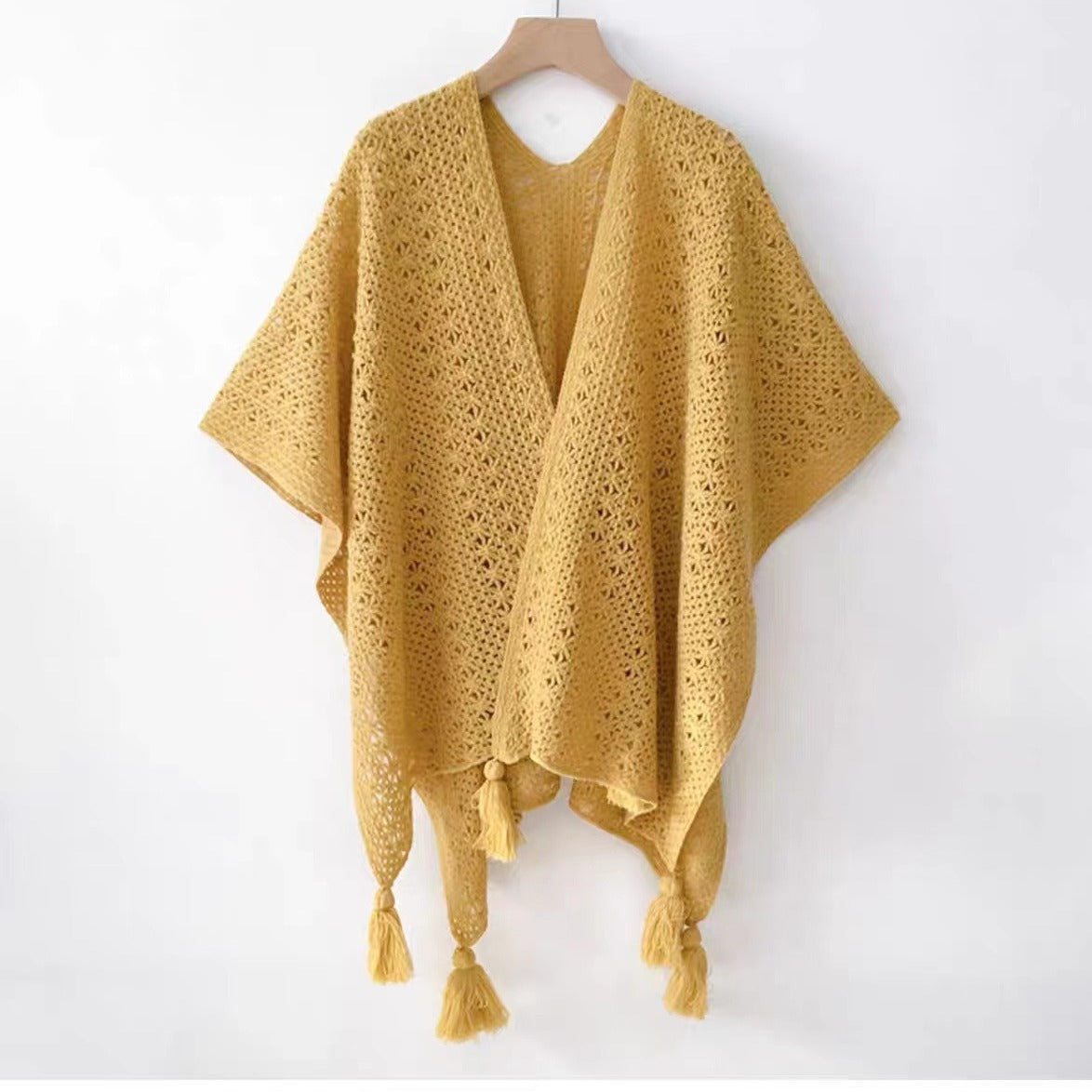 Boho Chic Knit Fringe Shawl – Ethnic Travel Wrap with Slit for Women