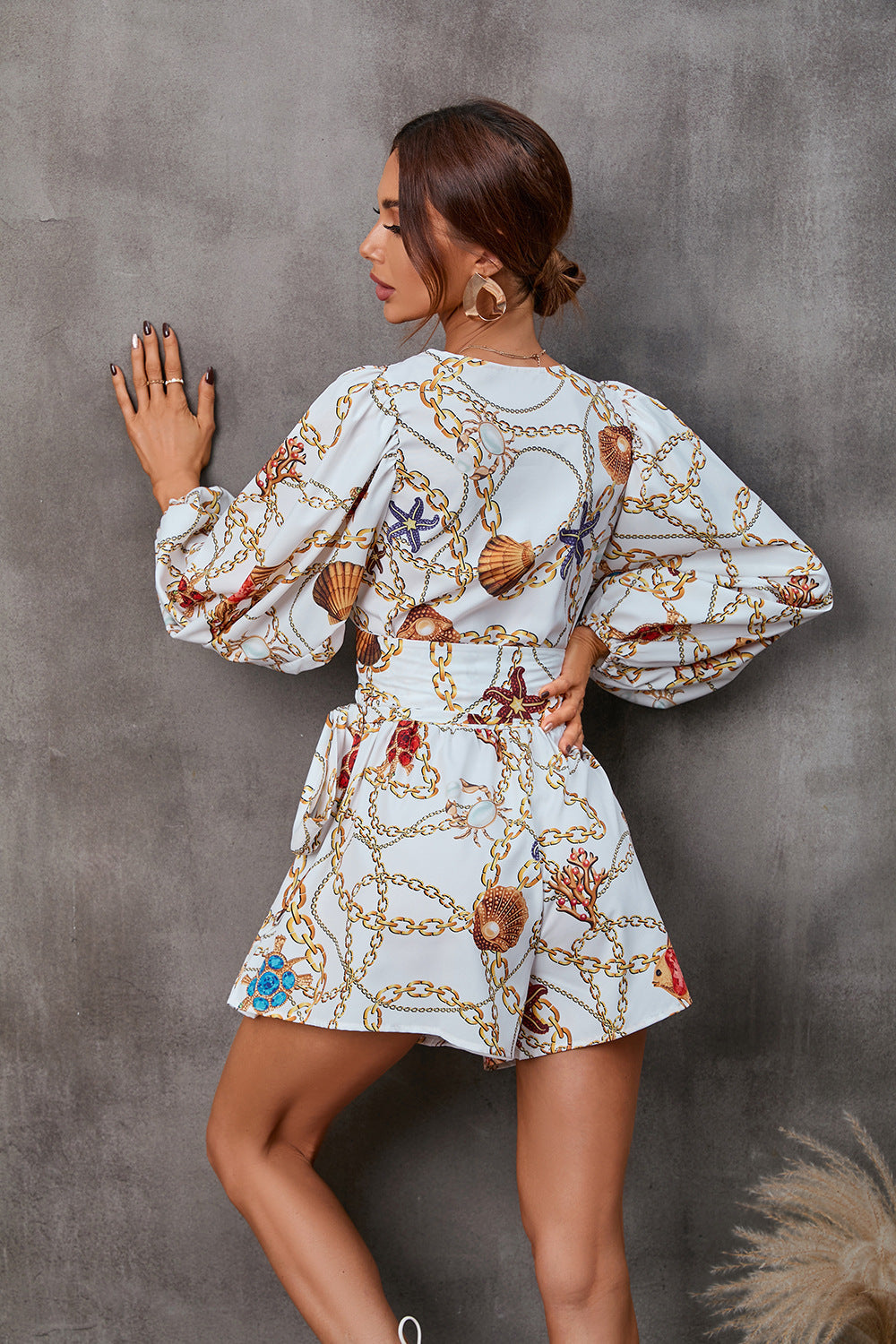 Floral Print V-Neck Long Sleeve Shorts Jumpsuit