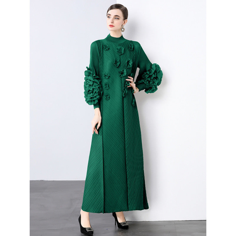 Stylish Slim-Fit Solid Color High Neck Dress with 3D Flowers