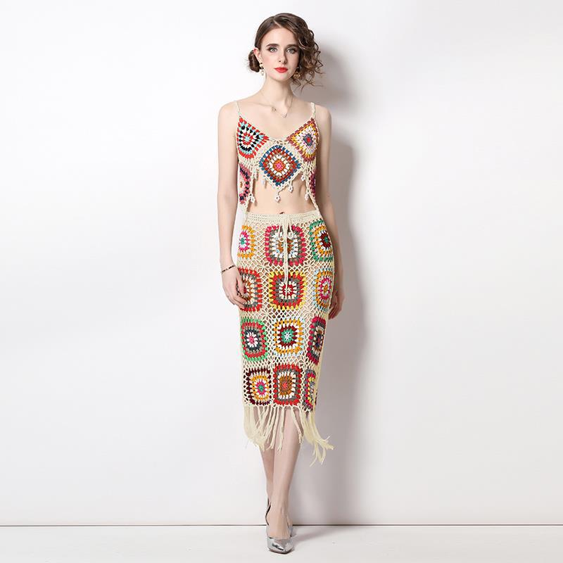 Bohemia Crochet Knitted Women Tank Tops and Skirts Suits