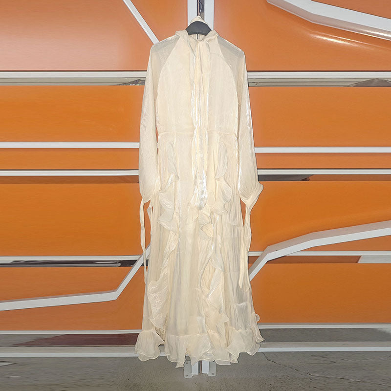 Summer Stand Collar Lantern Sleeve Ruffled Waist Dress for Women