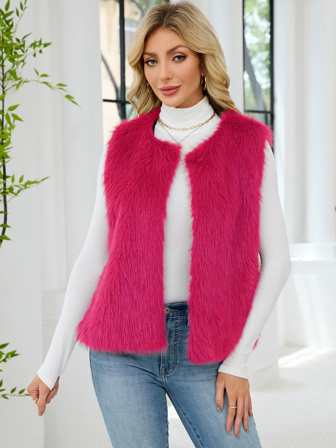 Faux Fur V-Neck Vest Sleeveless Top