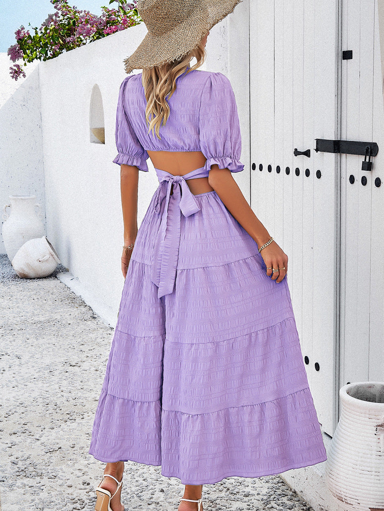 Casual V Neck Short Sleeves Long Dresses