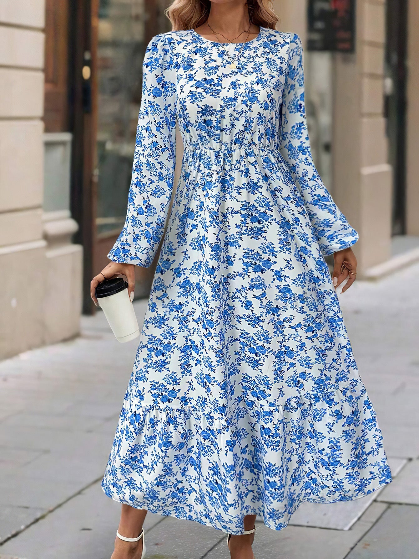 Floral Print Ruffle Hem Long Sleeve Dress