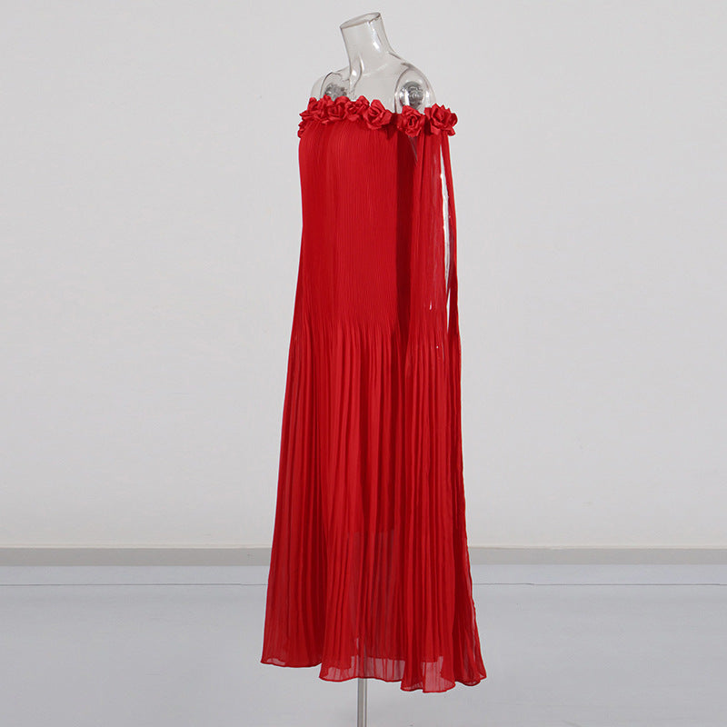 Designed Women's Floral Patchwork Maxi Dress with 3D Flower Shoulder