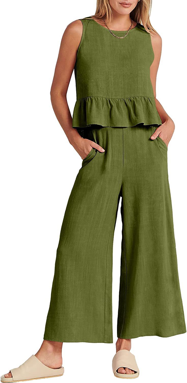 Women's Summer Sleeveless Pleated Vest & Wide-Leg Cropped Pants Casual Set