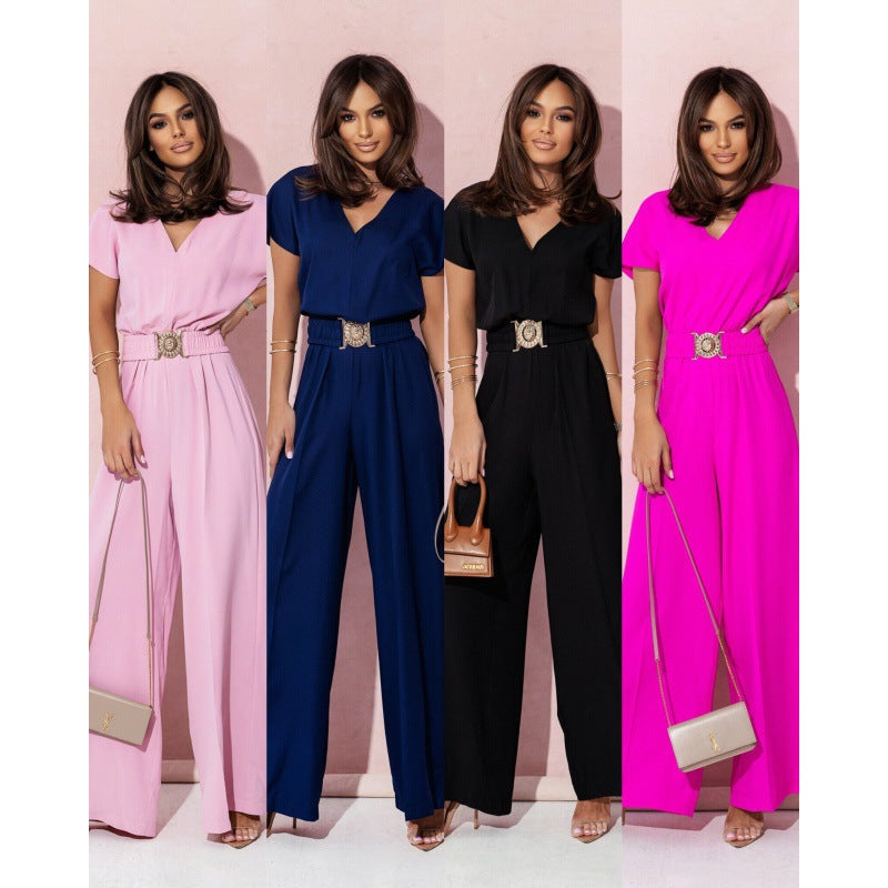 Fashion V Neck Short Sleeves Jumpsuits