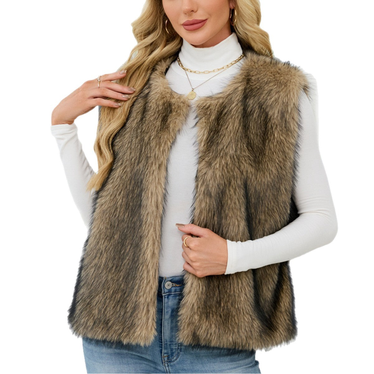 Faux Fur V-Neck Vest Sleeveless Top