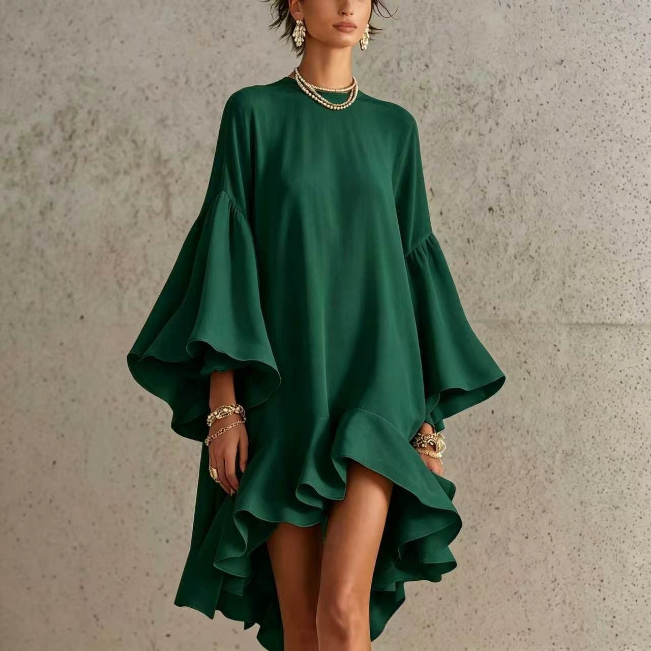 Solid Color Round Neck Flared Bell Sleeve Asymmetrical Hem Oversized Dress