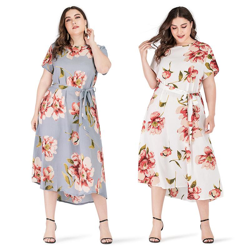 Women Plus Sizes Short Sleeves Foral Print Long Dresses-Plus Size Dresses-Free Shipping at meselling99