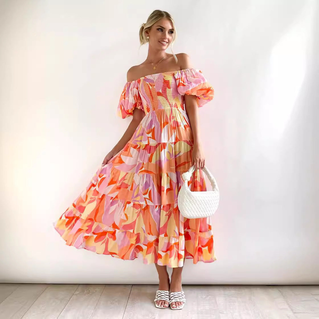 Flutter Sleeve High Waist Off-Shoulder Print Dress