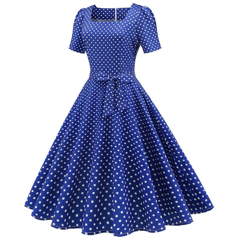 Short Sleeve Square Neckline Vintage Print Dot Dresses-Vintage Dresses-Free Shipping at meselling99