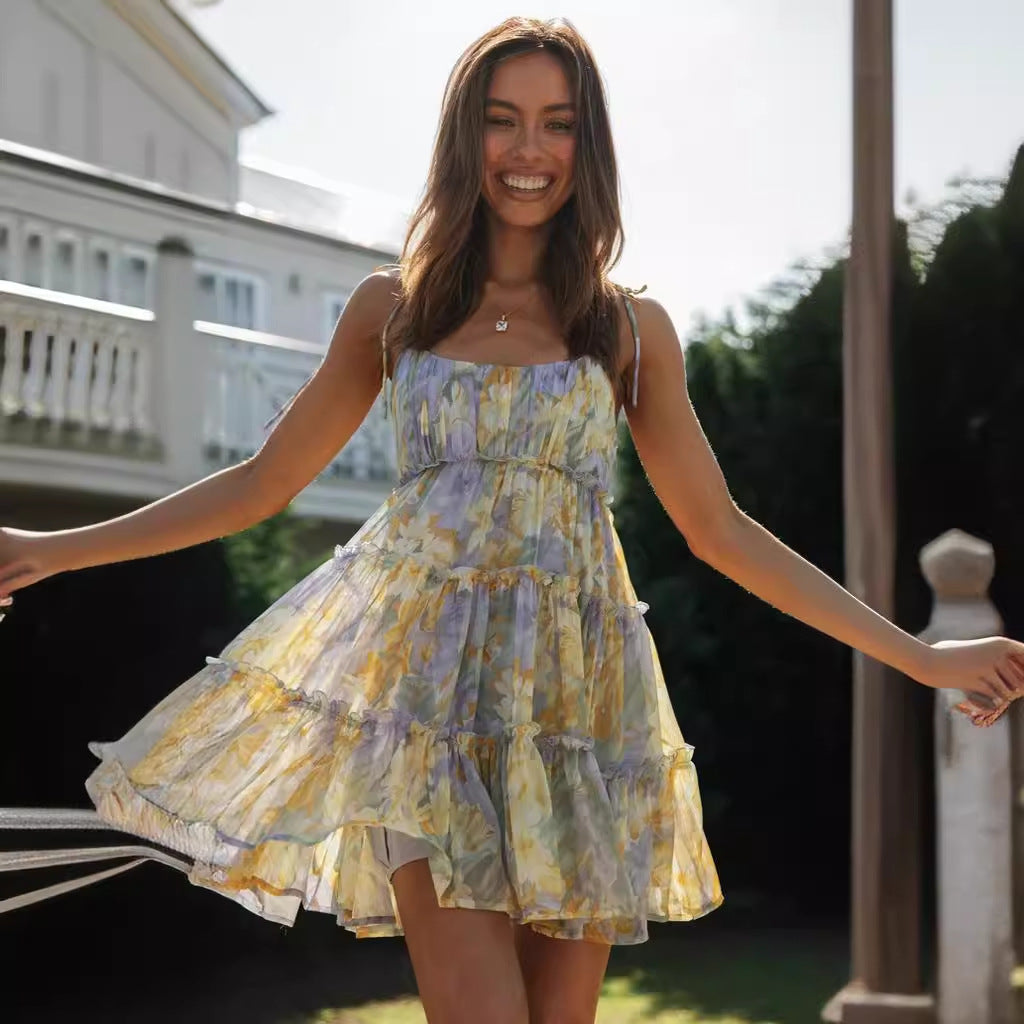 Sexy Printed High-End Strappy Sundress for Women with Lining - Vacation Style
