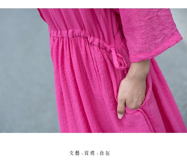 Casual Linen Half Sleeves Drawstring Long Cozy Dresses-Dresses-Free Shipping at meselling99