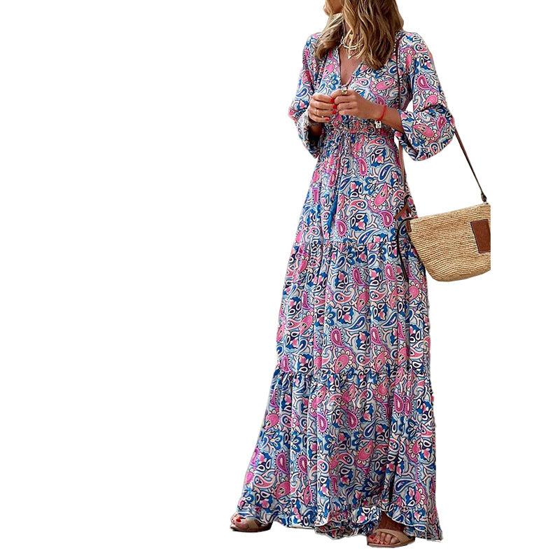 Bohemian V-Neck Long Sleeve Midi Dress – Fall Fashion Dress