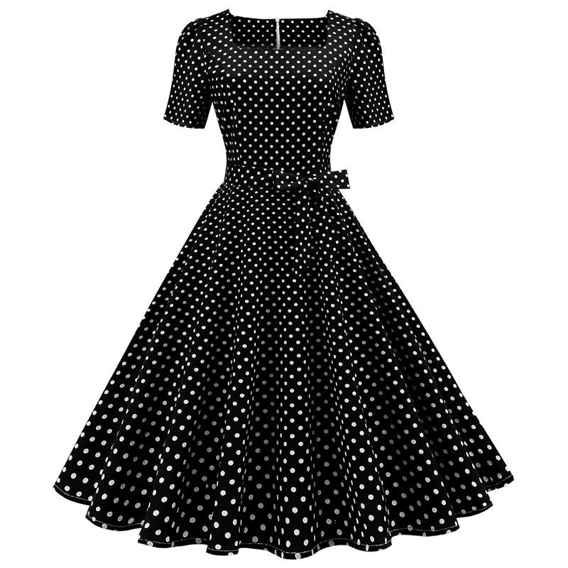 Short Sleeve Square Neckline Vintage Print Dot Dresses-Vintage Dresses-Free Shipping at meselling99