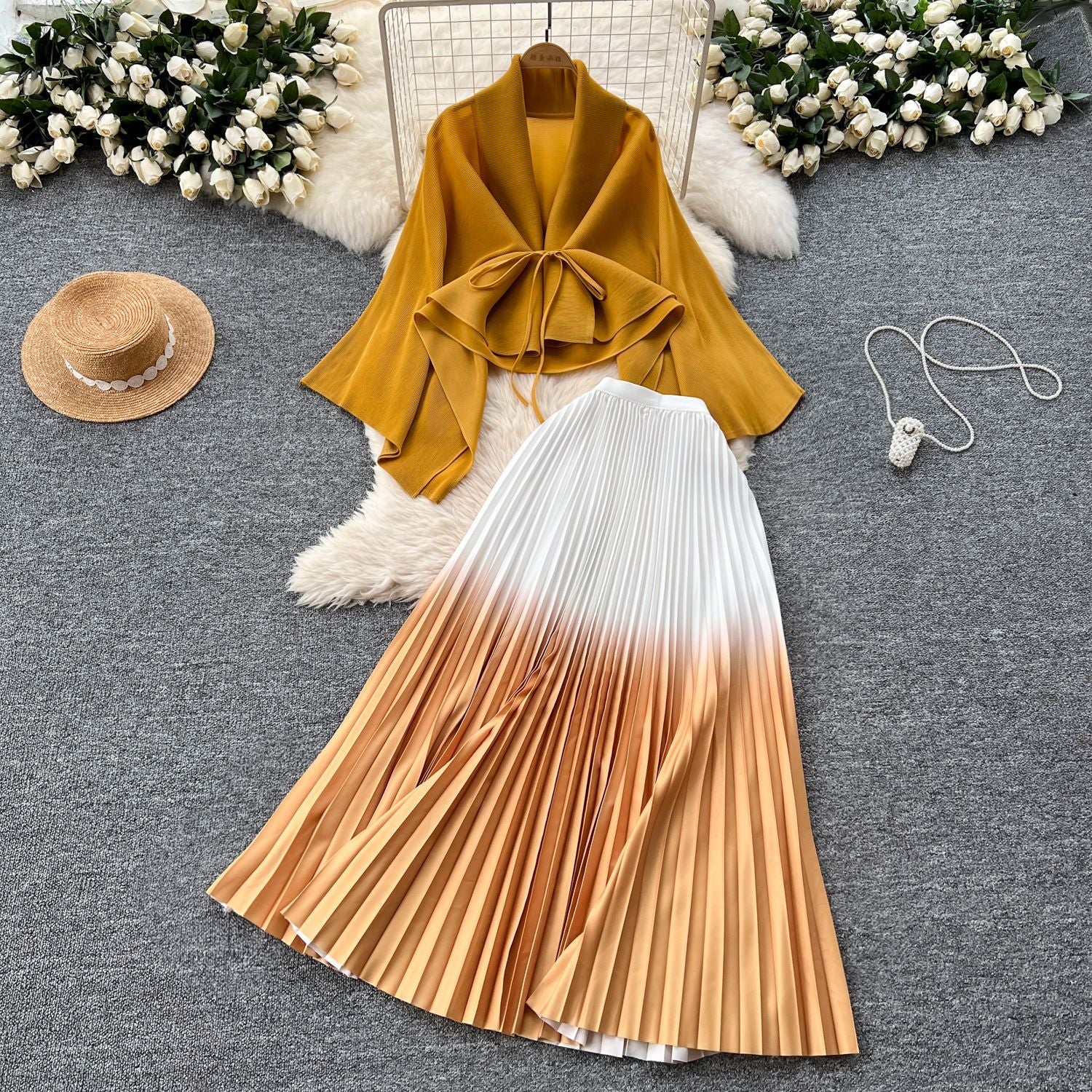 Women's Gradient Color Set - Loose Tie-Waist Pleated Top + High-Waisted Pleated Skirt