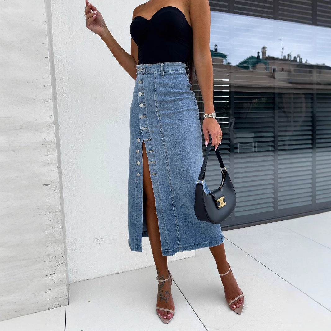 High Waist Asymmetrical Button-Down Denim Pencil Skirt