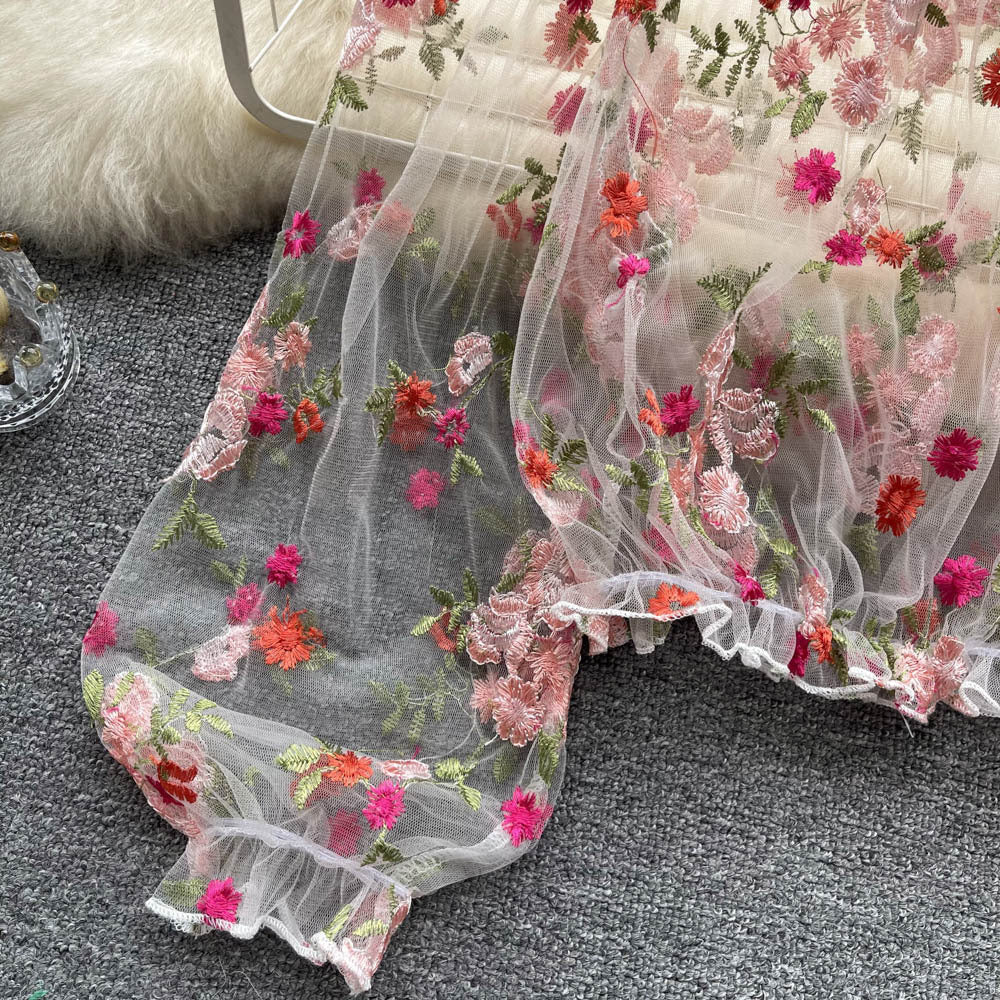 Off-Shoulder Mesh Embroidered See-Through Blouse