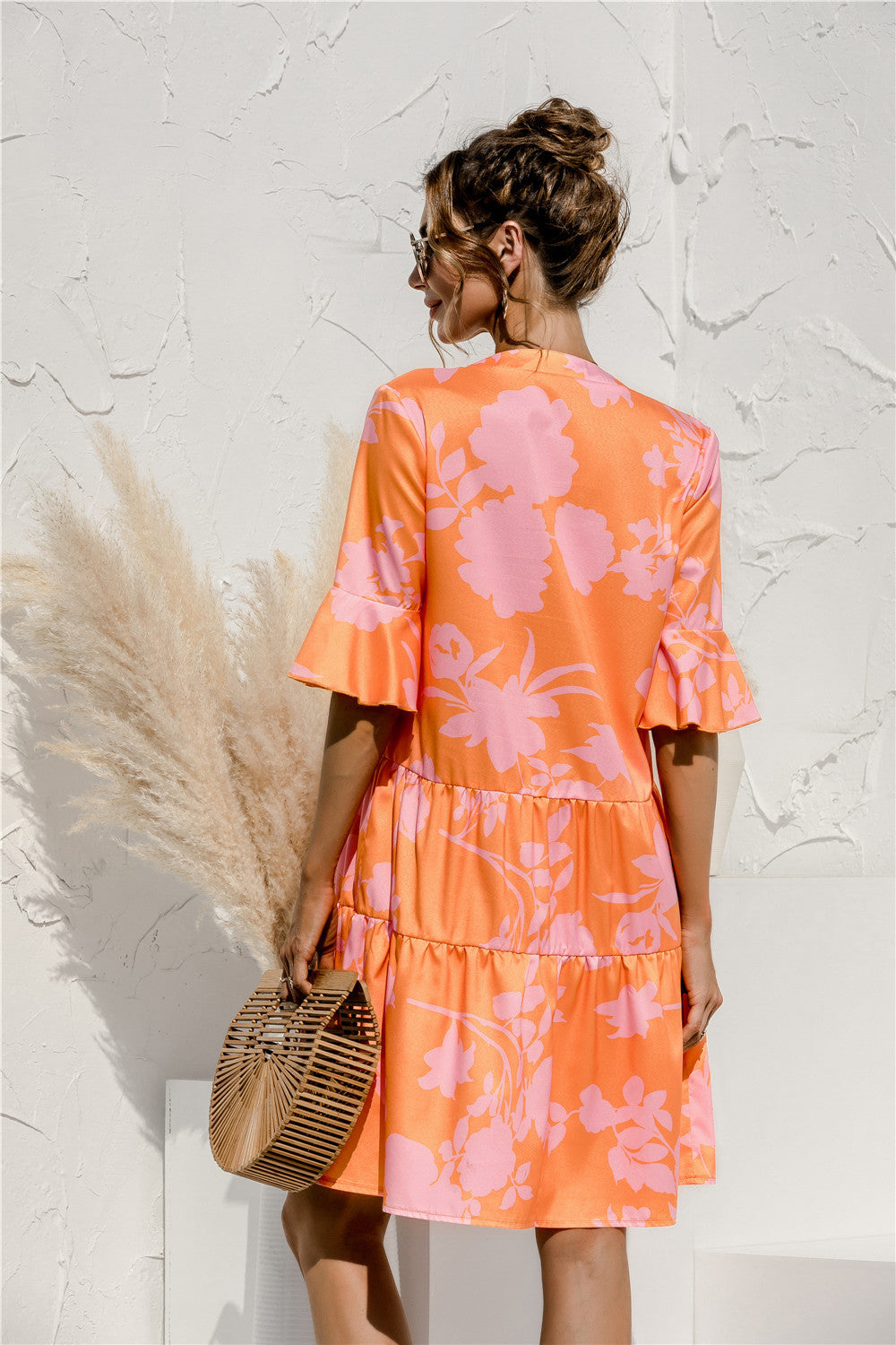 Women's V-Neck Flared Sleeve Tiered Contrast Panel Dress