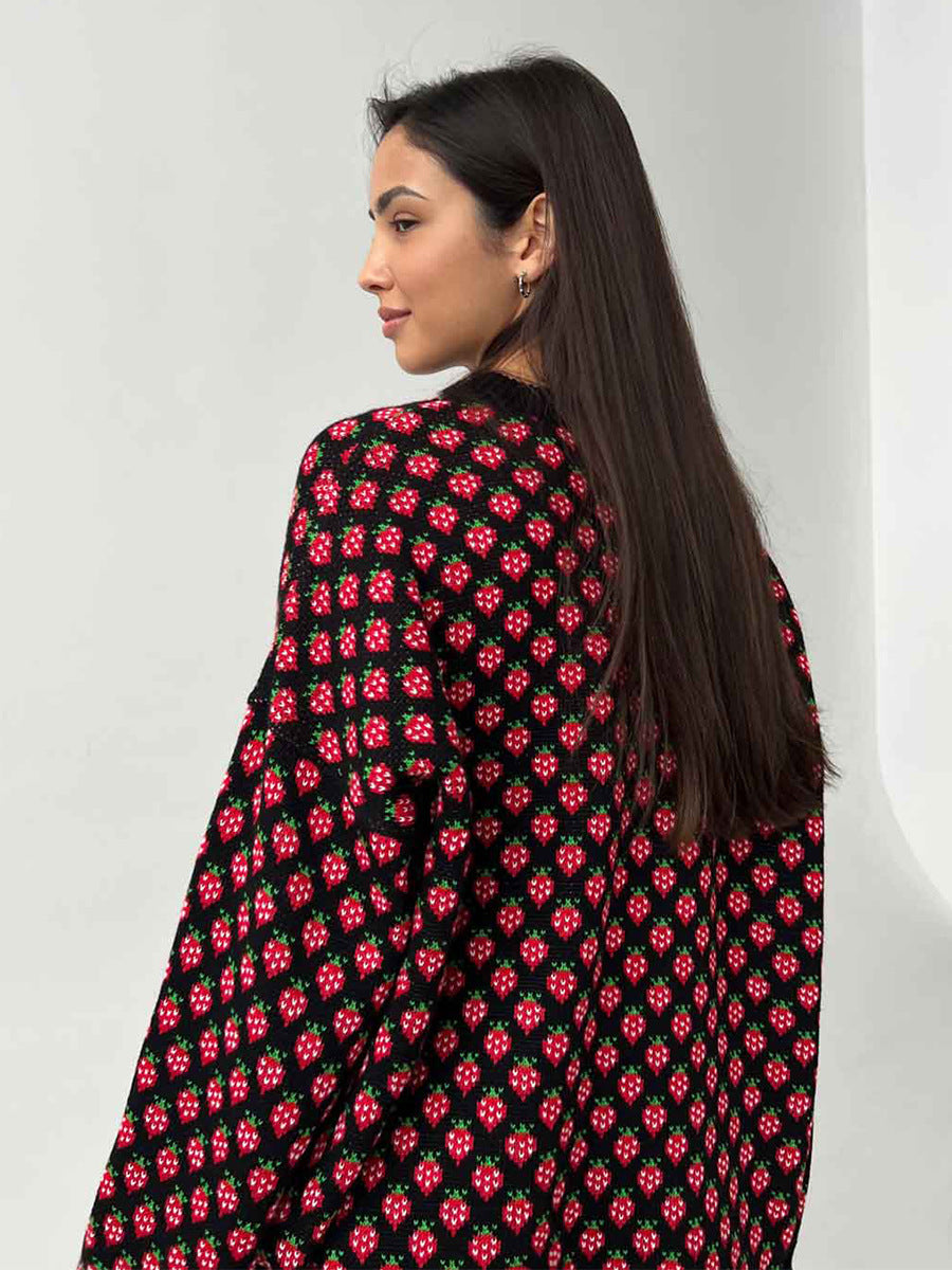 Oversized Strawberry Print Sweater