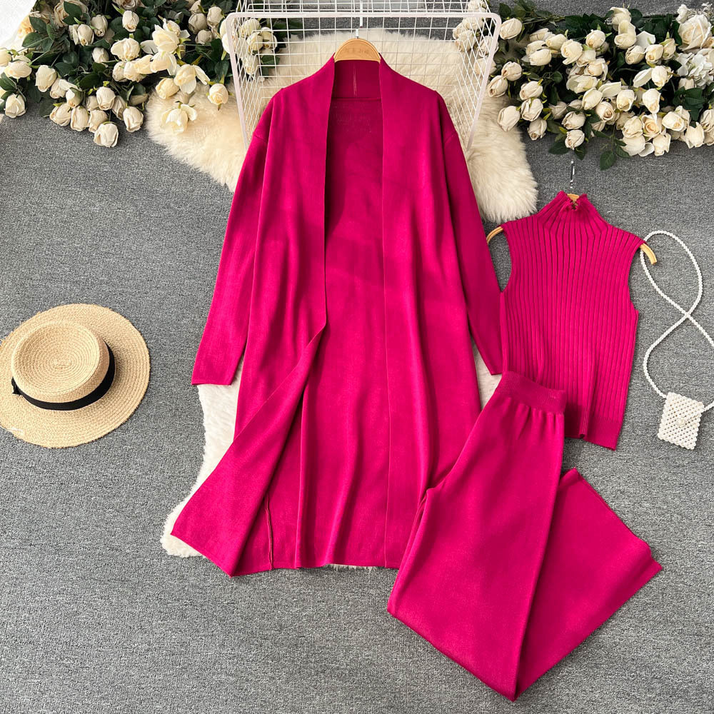 Fashion Fall Knitted 3pcs Cardigan High Neck Sweater Wide Legs Pants