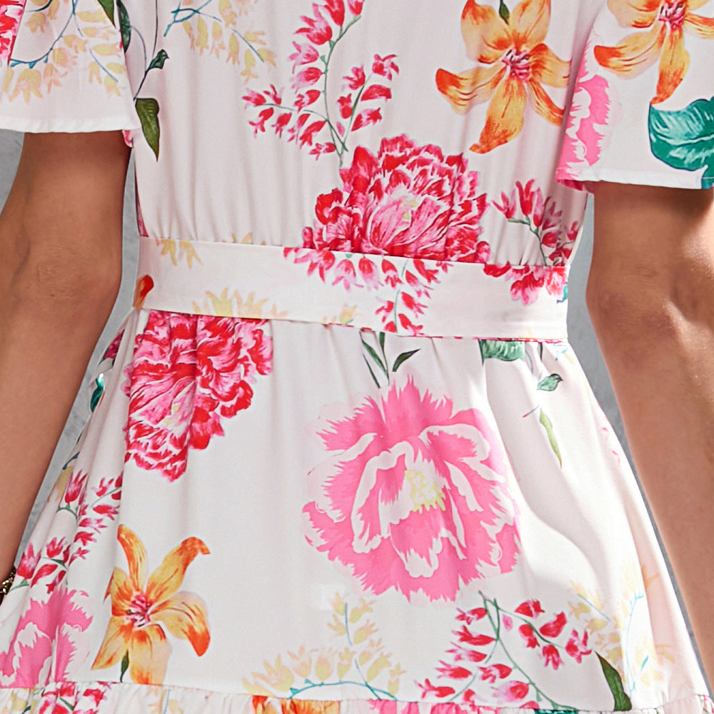 Women's Summer Floral V-Neck Waist-Tie Midi Short Sleeve Dress
