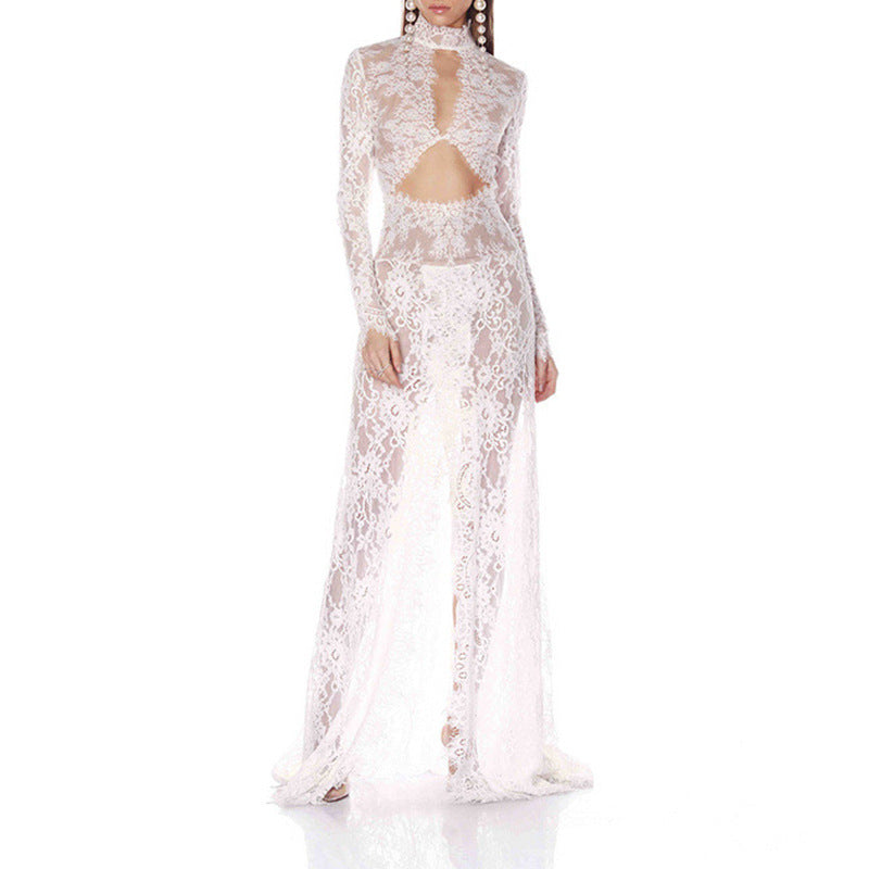 Elegant Long Sleeve Lace Backless Maxi Dress