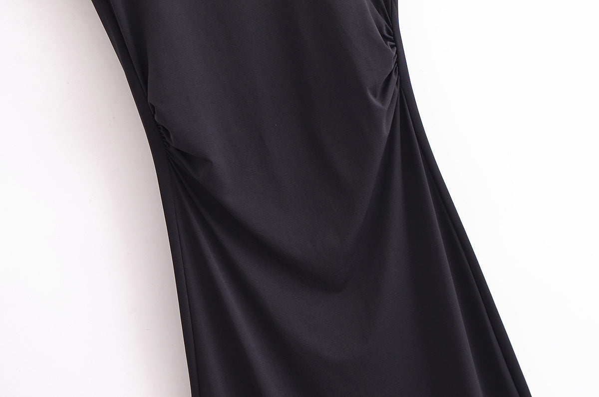 Gold Trim Asymmetrical Neckline Sleeveless Midi Dress