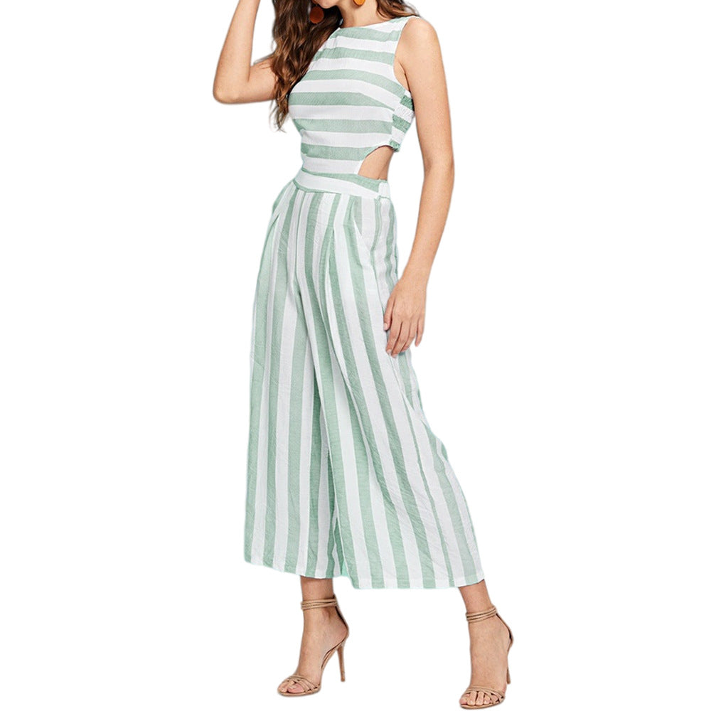 Designed Round Neck Baring Waist Striped Women Jumpsuits