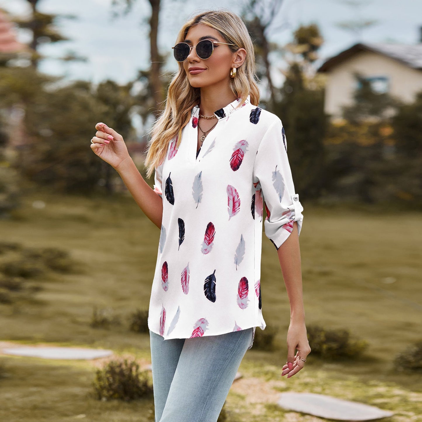 Casual Summer Feather Print 3/4 Sleeves Shirts